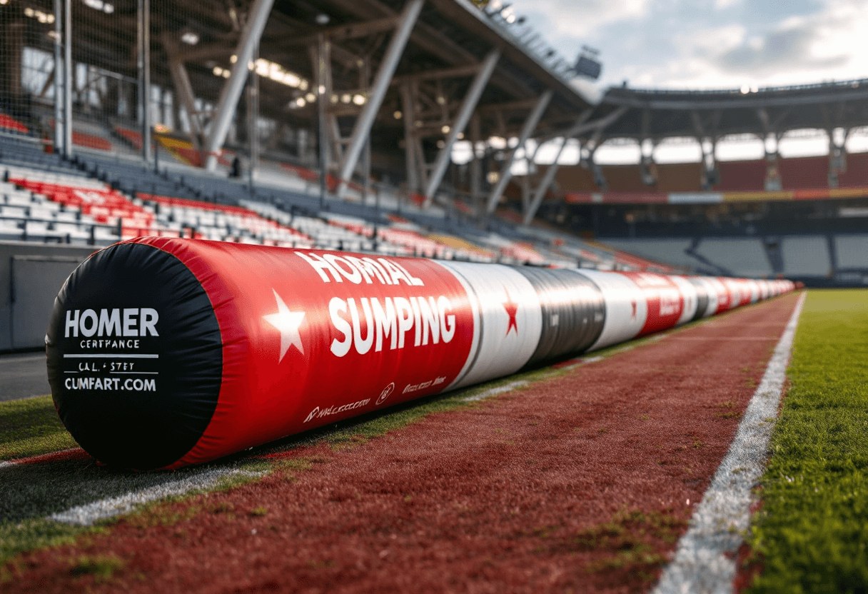 Boudin gonflable rouge et blanc installé au bord d\'un terrain de stade